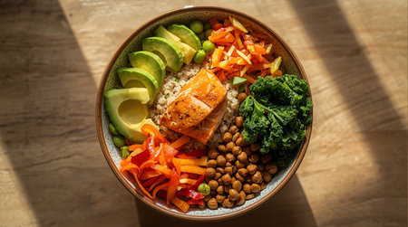 Buddha bowl with salmon, avocado, kale, chickpeas and vegetablesの素材