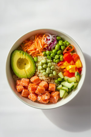 Salmon poke bowl with avocado, cucumber, bell pepper, onion, carrot and green peasの素材