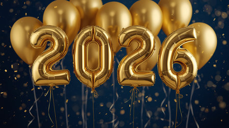 Happy New Year 2026. Gold balloons with numbers 2026. 3D Renderingの素材