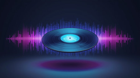 Turntable vinyl record with sound wave on dark background. vector illustrationの素材