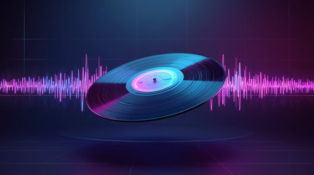 Turntable vinyl record with sound wave in the background. 3d renderingの素材