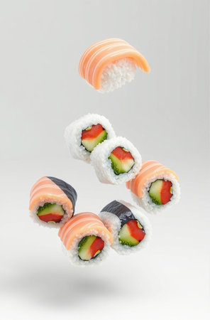Sushi roll with salmon, avocado, cucumber and cream cheese flying in the airの素材