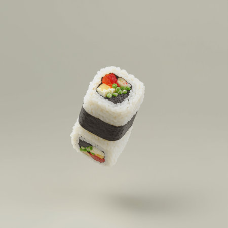 Sushi roll with salmon, avocado, cheese, cucumber and cream cheese isolated on gray backgroundの素材