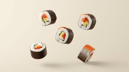 Sushi rolls flying in air on white background. 3d illustrationの素材