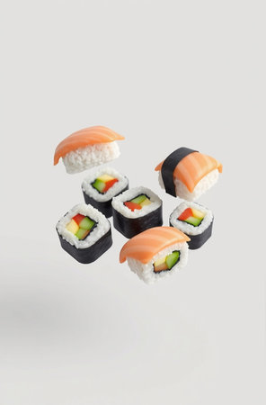 Sushi roll with salmon, avocado, cucumber, cream cheese and cream cheese isolated on white backgroundの素材