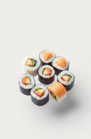Sushi rolls with salmon, tuna and cucumber on white backgroundの素材