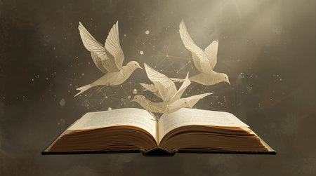 Open book with flying birds and rays of light on grunge backgroundの素材