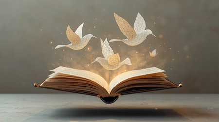 Open book with flying paper birds on it. Education concept. 3D Renderingの素材