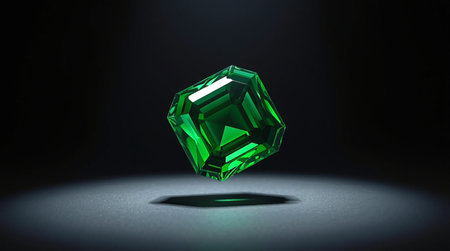 3D rendering of a green diamond on a dark background with shadowの素材