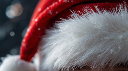 Close-up of Santa Claus hat on dark background. Christmas concept.の素材
