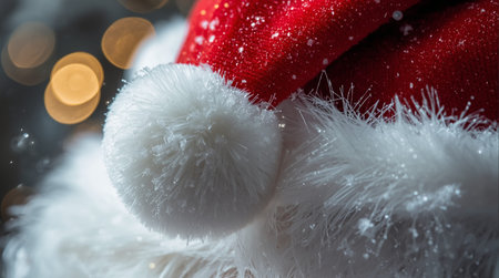 Close up of Santa Claus hat with bokeh lights background.の素材