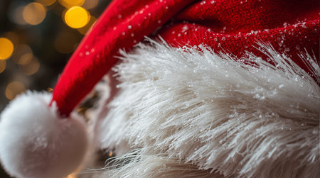 Close up of Santa Claus hat with bokeh lights background.の素材