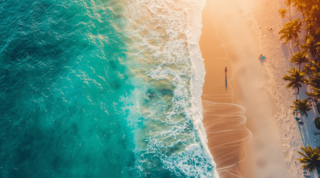 Aerial view of beautiful tropical beach with palm trees and turquoise waterの素材