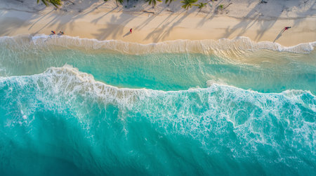 Aerial view of beautiful tropical beach with white sand and turquoise ocean waterの素材