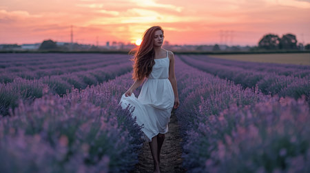 Beautiful young woman in white dress on lavender field at sunsetの素材