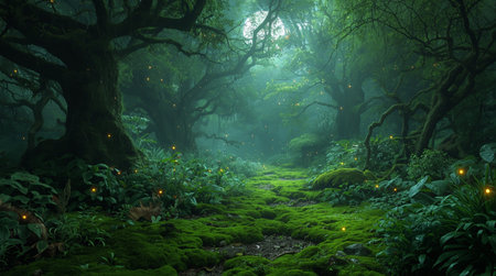 Mysterious dark forest with green moss and glowing lanterns.の素材