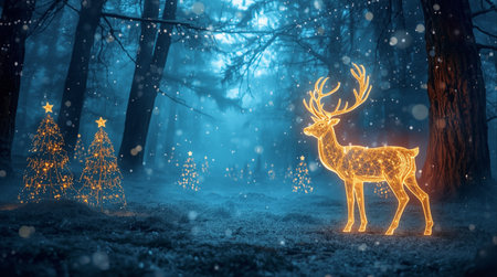 Deer in winter forest. Christmas and New Year concept. 3D Renderingの素材