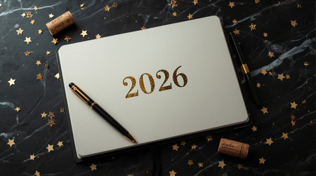 Notebook with the inscription 2026 on a marble background with gold stars.の素材