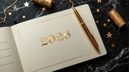 Notebook with golden numbers 2026 background. Happy New Year conceptの素材