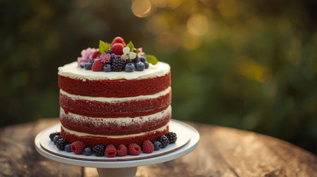 Red velvet cake with fresh berries on a wooden table in the gardenの素材