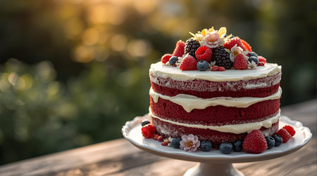 Red velvet cake with berries on a wooden table in the garden.の素材