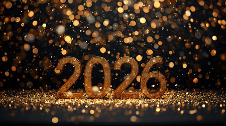 Happy New Year 2026. Golden numbers 2026 on bokeh backgroundの素材