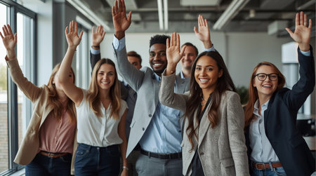 Group of happy business people raising their hands up in the office.の素材