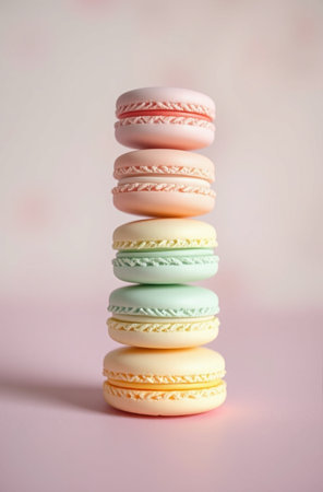 Colorful macaroons on a pink background. Selective focus.の素材