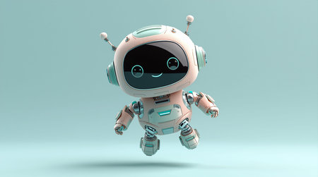 3D rendering of a cute robot on blue background with copy spaceの素材
