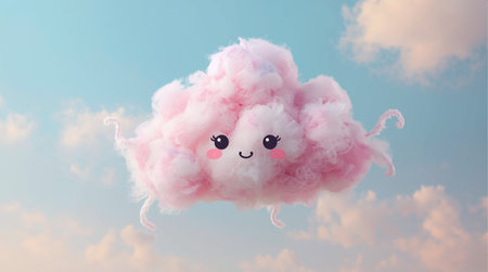 Cute pink cotton cloud floating in the blue sky. 3d renderingの素材
