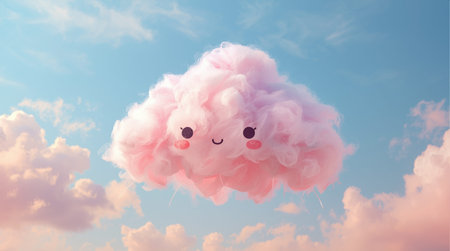 Cloud kawaii on blue sky background. 3d illustration.の素材