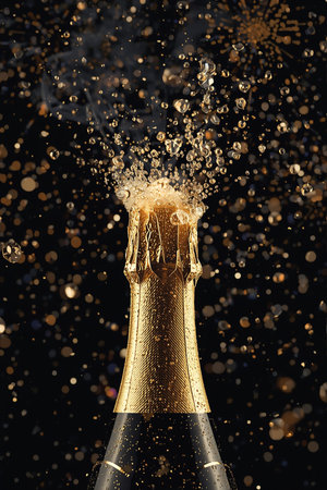 Bottle of champagne with splashes on black background, closeupの素材