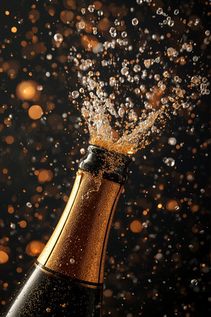 Bottle of champagne with splashes on black background, closeupの素材