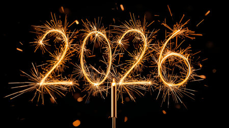 Happy new year 2026 written with Sparkle firework and bokeh backgroundの素材