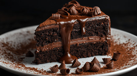 Piece of chocolate cake with chocolate glaze and chocolate sprinklesの素材