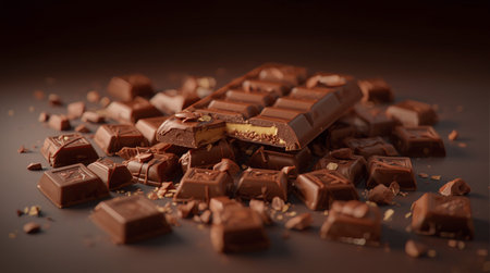 Chocolate bar broken into pieces on dark background. 3d illustrationの素材