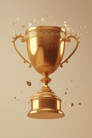 Golden trophy cup with splashes, 3d rendering. Computer digital drawing.の素材