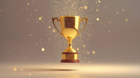 3d rendering of a golden trophy cup on a gray background.の素材