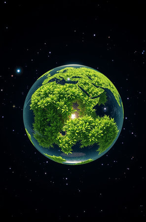 Green planet with grass and starry sky. Elements of this image furnished by NASAの素材