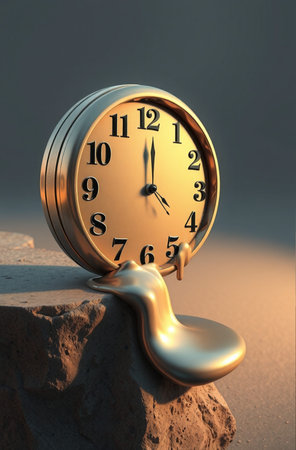 3d rendering of a golden alarm clock lying on a stone in the desertの素材