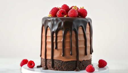 Chocolate cake with raspberries on a white background. Selective focus.の素材