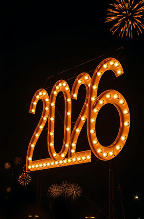 Happy new year 2026 written with LED light bulbs on black background.の素材