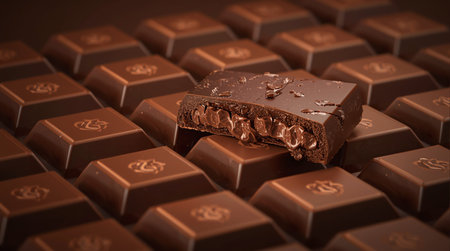 Chocolate bar with pieces of chocolate on a dark brown background.の素材
