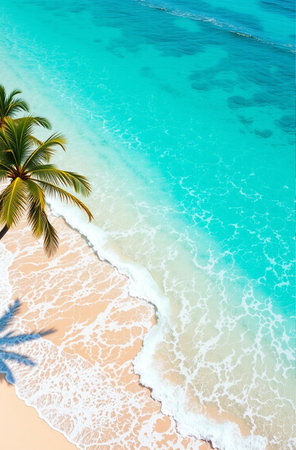 Beautiful tropical beach with coconut palm tree and turquoise waterの素材