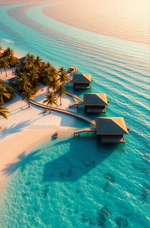 tropical beach in Maldives with few palm trees and blue lagoonの素材