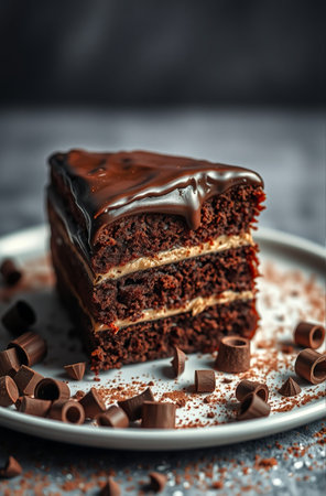 Chocolate cake with chocolate glaze on a dark background. Selective focus.の素材
