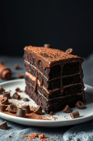 Chocolate cake with chocolate glaze and coconut powder on a dark backgroundの素材