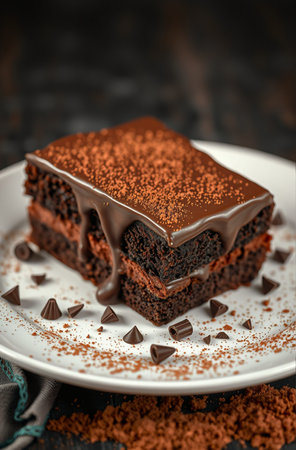 Chocolate cake with chocolate glaze and coconut powder on a wooden tableの素材