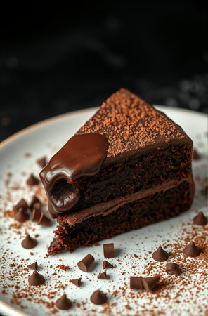 Chocolate cake with chocolate glaze on a dark background. Selective focus.の素材