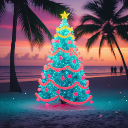 Christmas tree on the beach at sunset with palm trees, 3d renderの素材